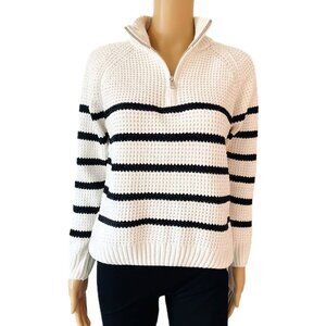 Women Winter Fashion Quarter Zip Stripe Chenille Sweater, White/Black, S/M
